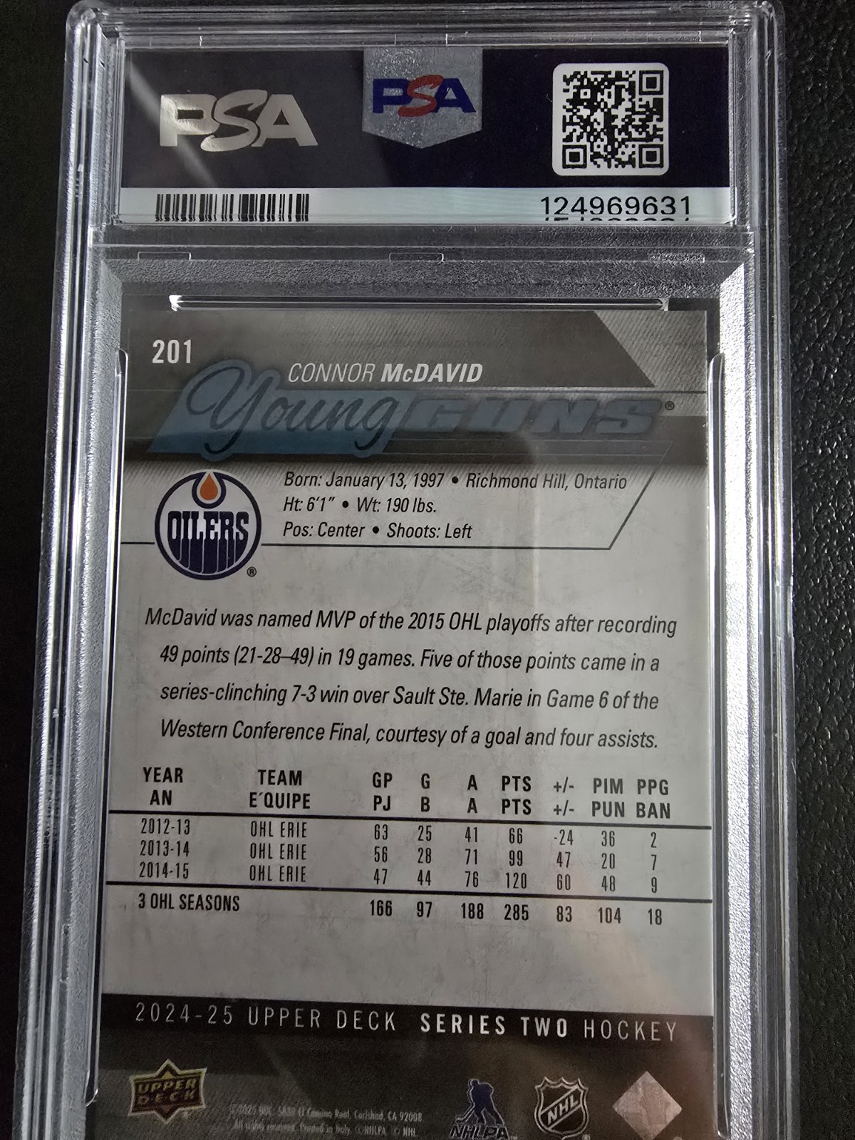 24-25 UPPER DECK YOUNG GUNS RENEWED CONNOR MCDAVID #201 PSA 8 NM-MINT view 2