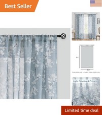 Quality Sheer Linen Curtains - 96 Floral Print, Blue Blossom, Pack of 2