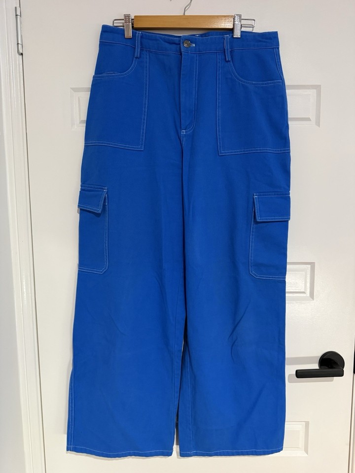 Sportsgirl Drew Cargo Straight Leg High Rise Twill Cotton Pants Size 14 Blue