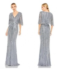 Mac Duggal Slate Blue Beaded Sequin Capelet Sleeve Column Gown Size 20 $698