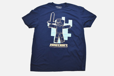 Mojang Studios Mens Minecraft Steve Holding Diamond Sword Navy Shirt NWT XL