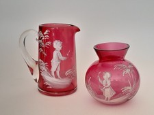 Antique Cranberry Mary Gregory Glass ~ Art Glass Jug & Posy Vase.