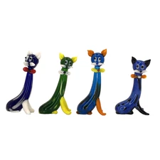 Blown Art Glass Sitting Cat Kitten Figurine Whimsical Bowtie Set of 4