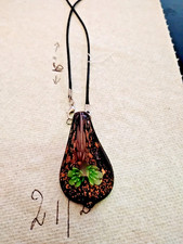 Hand Blown Murano Style Glass,Green Purple Pendant Necklace oblong,2 1/2" A14