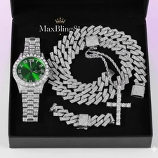 Hip Hop Simulated Diamond Luxury Watch & Iced Cuban Chain Necklace Bracelet set