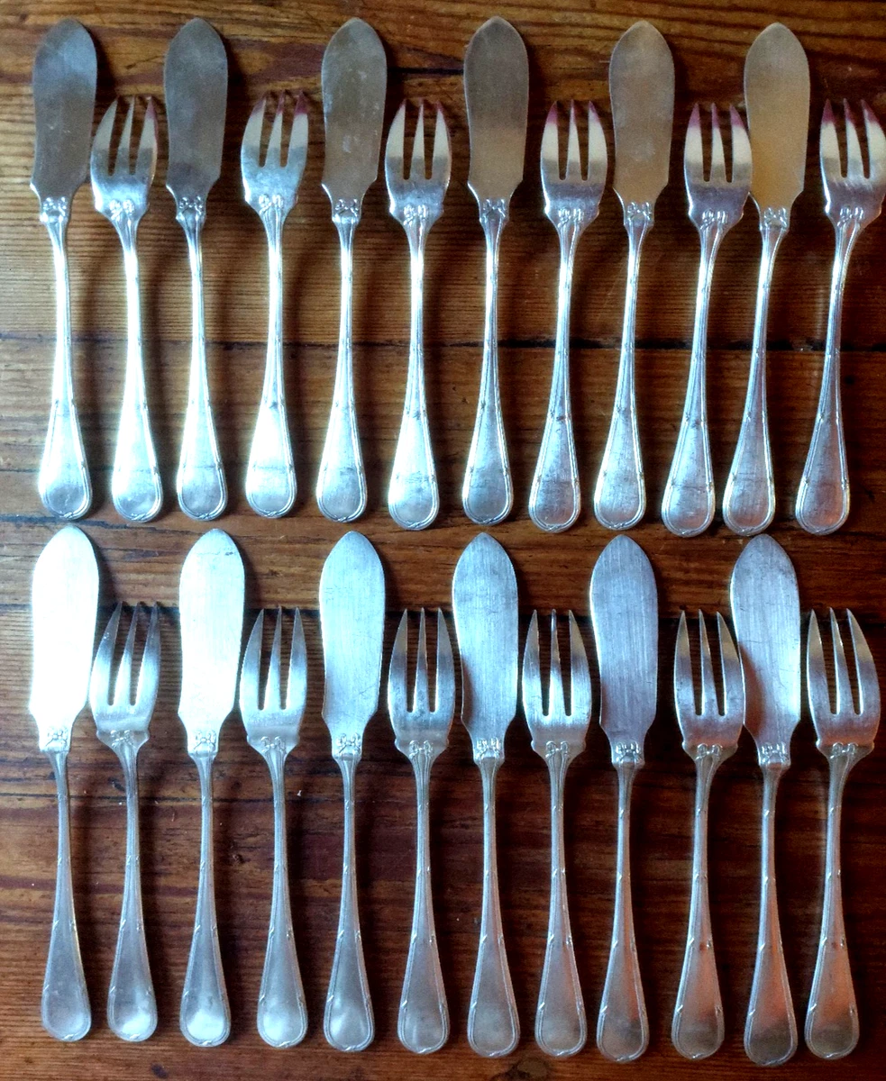 12 Couverts à Poisson Argentés Style Empire – Lot De 24 Pièces (couteaux Et Fourchettes)