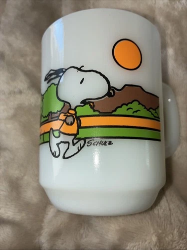 Mint Vintage Snoopy Fire King Milk Glass Mug - 1958 - Keeping Fit Is Hard Work