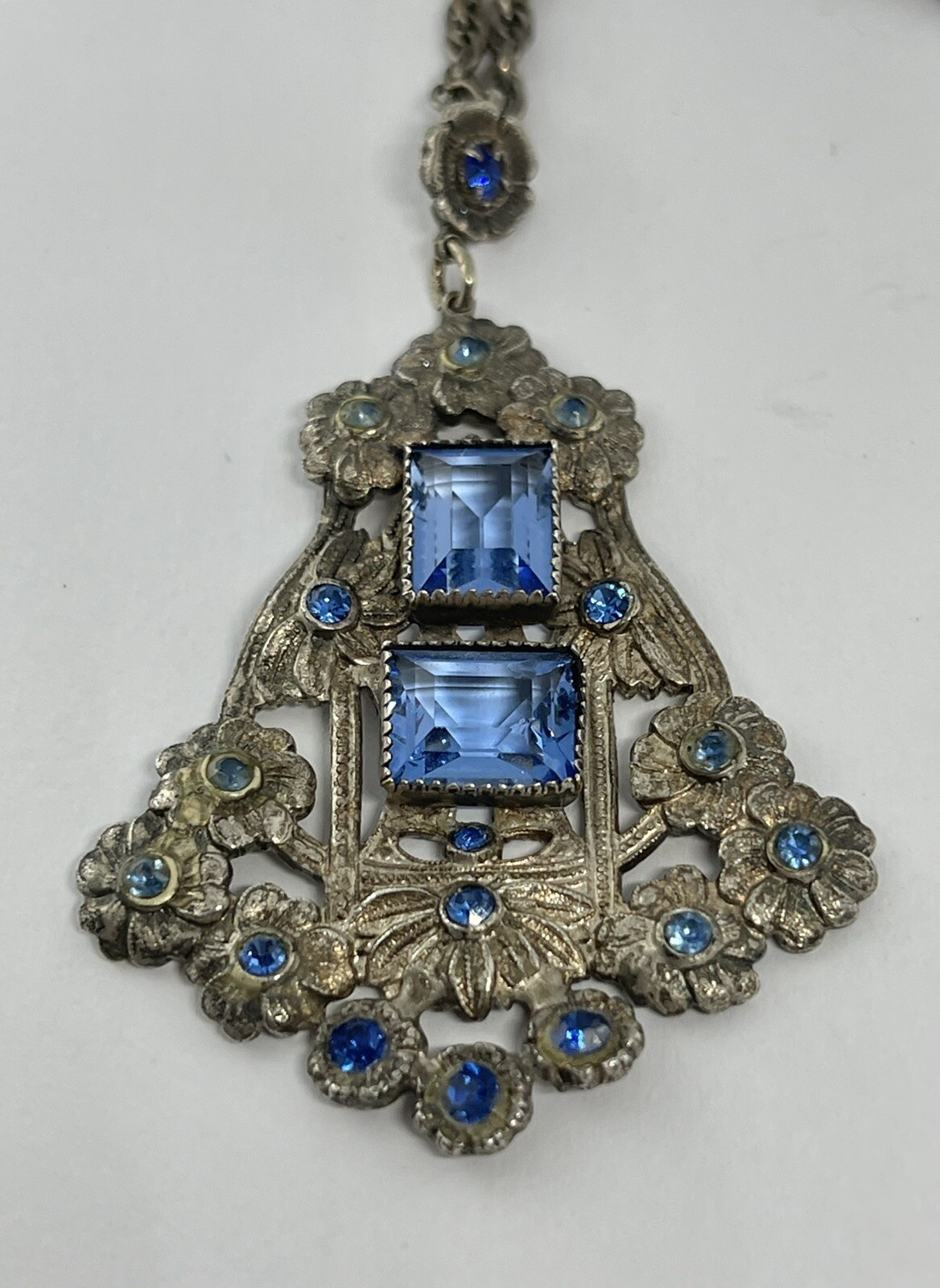 Art Deco Blue Rectangular Czech Glass Silvertone … - image 13