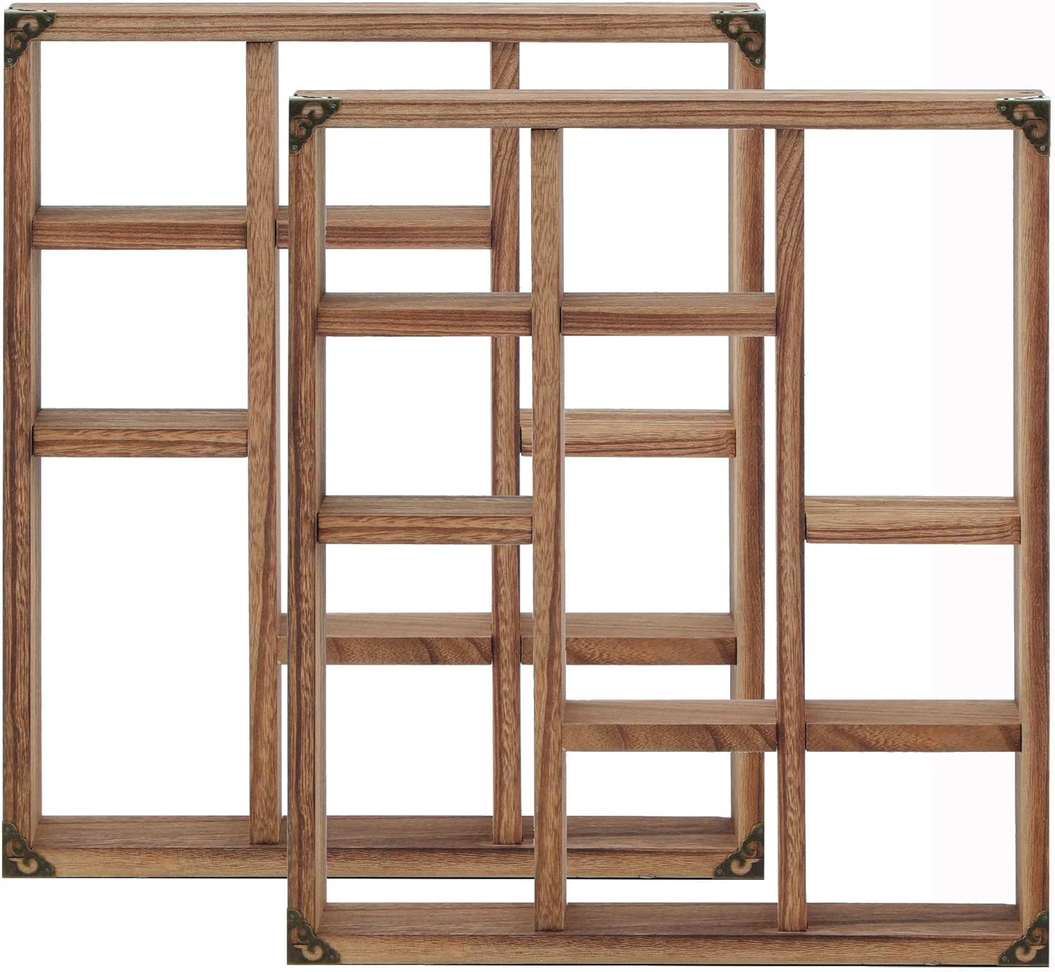 Rustic 9-Slot Floating Shelves - Set of 2, 17.7x15.7 Inch Solid Wood Display