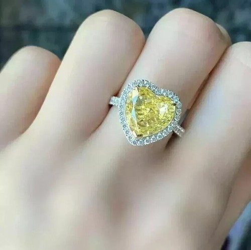 3Ct Heart Cut Yellow Citrine Lab-Created Engagement Ring 14k White Gold Plated - Picture 2 of 3