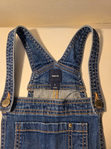 Gap Kids Large Denim Distressed Bib Overalls Blue Jeans Jumper Classic Pockets - Picture 3 of 10
