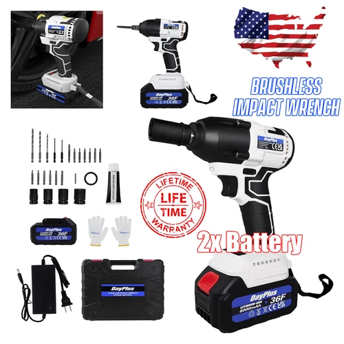 21V Cordless Impact Wrench 1/2" 420Nm High Torque Brushless Drill w/ 2 Batteries