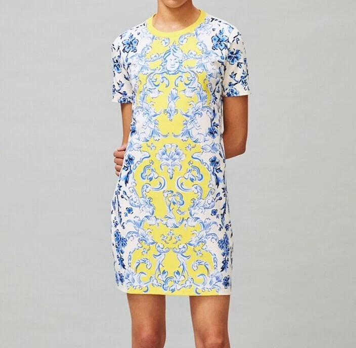 T shirt maglietta stampata Tory Burch mini abito giallo floreale vortice rami blu XXS