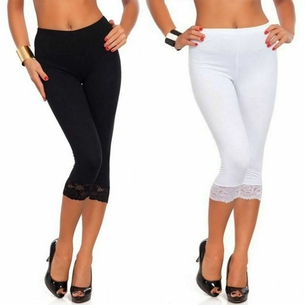 Women's Capri Ultra Soft Lace Trim Leggings Stretchy Cotton 3/4 Cropped  Pants UK