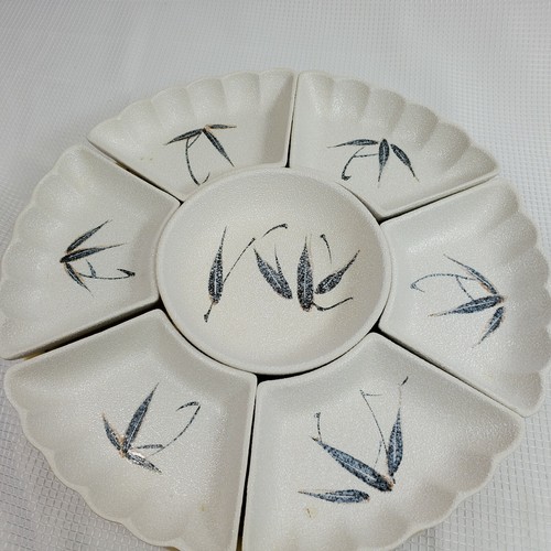 Vintage Lazy Susan Condiments Tray Set Bamboo Leaves Print White Porcelain - Picture 2 of 12
