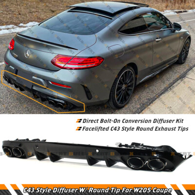 C43 STYLE REAR DIFFUSER+BLACK CHROME ROUND EXHAUST TIPS FOR 15-21 W205 2DR COUPE