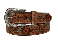 ARIAT Women's Brown Leather Belt with Turquoise Underlay