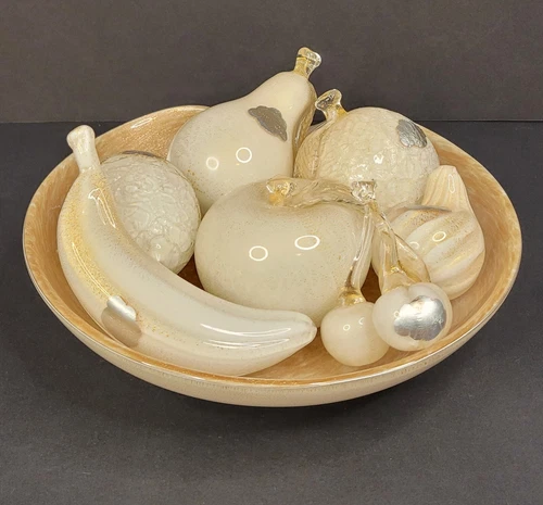 Murano Alfredo Barbini  Aventurine Bowl and Fruit 8pc Set Weil Ceramics & Glass