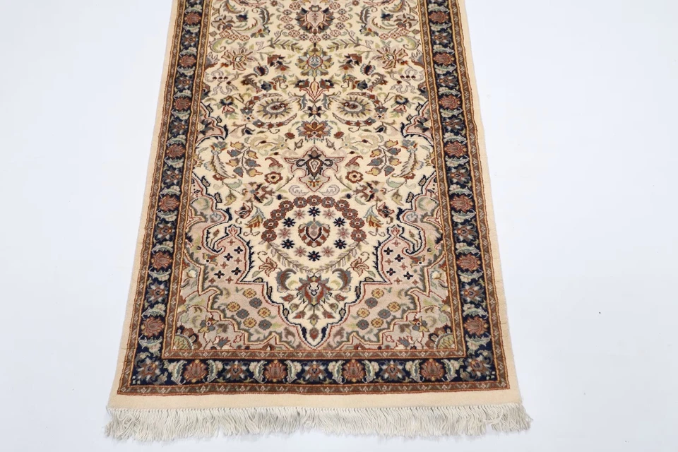 10 ft beige geometric Hallway Runner Rug Afghan Hand Knotted Wool Bedroom Rug - Image 3 of 4