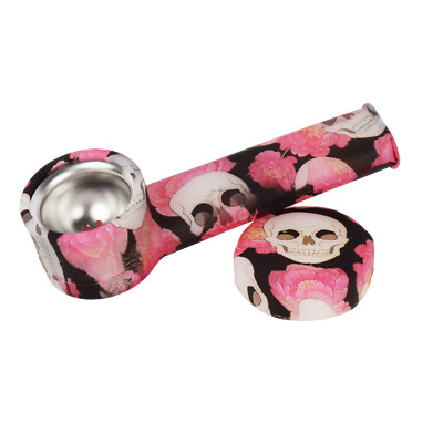 Glows in dark Silicone Smoking Pipe, Metal bowl & Cap Lid Skull & Rose 3.5 in