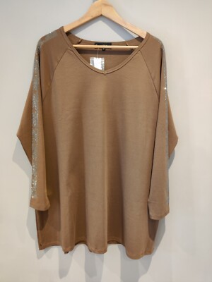 QVC Frank Usher Jersey Top With Star Sparkle Sleeve Detail Brown Large