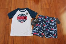 NWT BOYS HURLEY SZ 4 SWIM RASH GUARD SHIRT, SWIM TRUNKS SHARKS