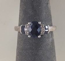 P M Sterling Silver Lab Blue  White Sapphire Ring Checkerboard Cut Size 7