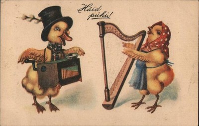 Easter Dressed Chicks Making Music Organ Grinder Original Vintage Postcard