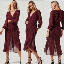ASTR The Label Cinched Mermaid Dress Small Faux Wrap Red Wine Floral Long Sleev