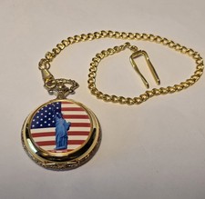Statue of Liberty Pocket Watch Analog Amerian Flag Quartz Gold-Tone