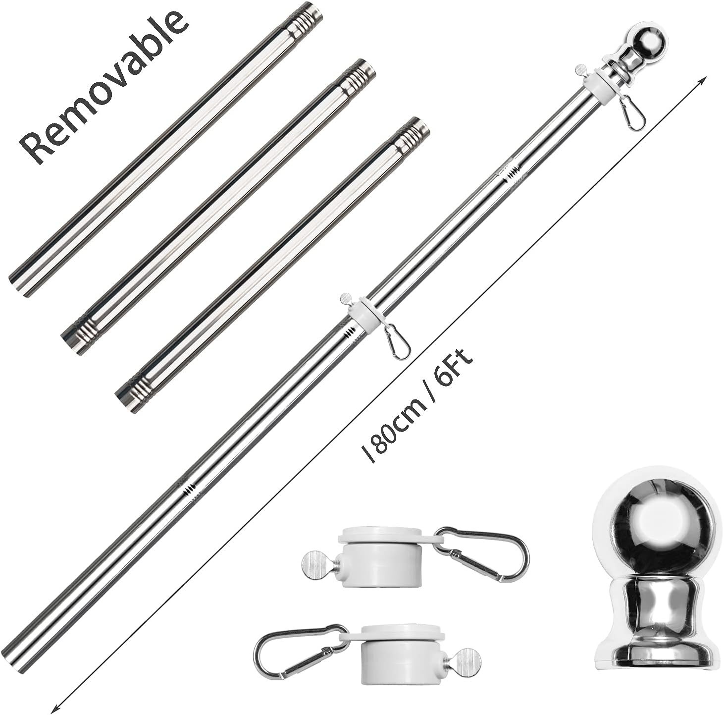 6 FT Stainless Steel Flag Pole Kit with Rotating Rings & Easy Assembly - Silver