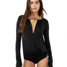 INTIMATELY FREE PEOPLE Kaya Cut-Out Plunge Draped Black Bodysuit NEW Sz Small