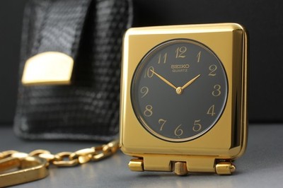 Vtg 1983 Seiko Trenew Pocket Watch 1400-1130 Black Gold Square Quartz Mens JAPAN
