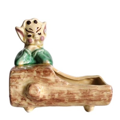 Small Vtg Elf Kneeling Next to Log Figural Planter Walker Pottery California USA
