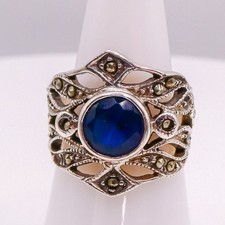 Sterling Silver 925 Scrolled Filgaree Blue Stone Marcasite Ring Sz 7 Vintage