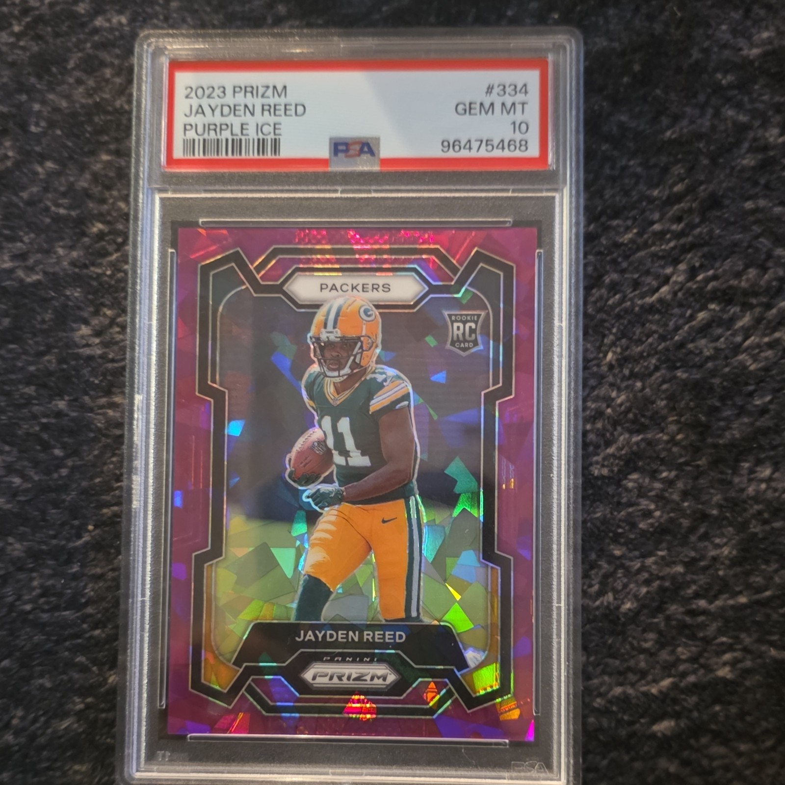 2023 Panini Prizm Jayden Reed #334 Purple Ice Prizm Rookie /225 PSA 10 Packers
