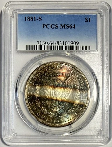 1881 S Morgan Silver Dollar $1 PCGS MS64 ‼️REVERSE MOUNTED RAINBOW TAPE TONER‼️