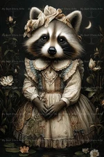 VICTORIAN RACCOON ART PRINT, Animal Flower, Fantasy Decor, Cottagecore Poster