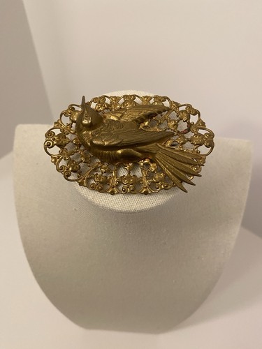 Antique Victorian Gilt Bird Brooch Ornate Filigree Mourning Pin