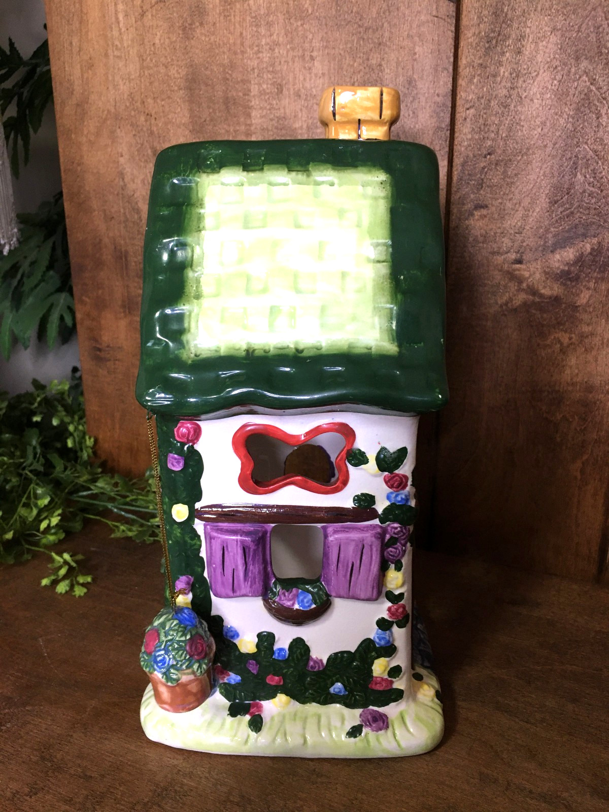 Imperfect Ceramic Cottage Tea Light Candle Holder Welcome Ornate 10.5" Tall Vtg.