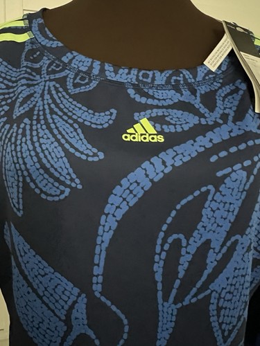 ADIDAS LADIES Fitness Top BLUE & YELLOW STRIPE CROP TOP BNWT Small 16 - Picture 8 of 9