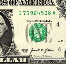 Eight Digit Broken Ladder Fancy Serial Number One Dollar Bill D73964508A 3 to 0