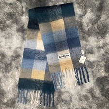 Acne Studios Blue/White Checked Mohair Wool Fringe Winter Scarf