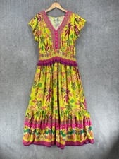 Monsoon Dress Size UK 18 Yellow Green Pink Floral Tiered Boho Beach Shirred