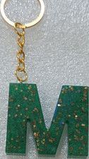 Green Resin Glitter Letter M Keychain w/ Detachable Gold Keyring Modern