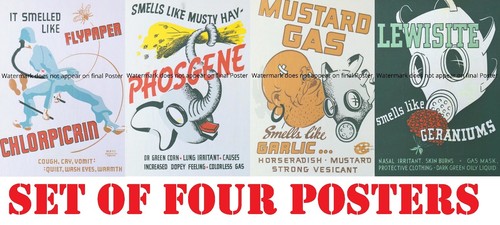 Carteles de la Segunda Guerra Mundial Máscara de gas venenoso Guerra Mostaza Fosgeno Lewisita Guerra Química Segunda Guerra Mundial - Imagen 1 de 8