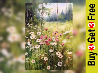 Wilde Gänseblümchen in Gras und Bäumen Ölgemälde Druck Kunst Dekor 5''x7''