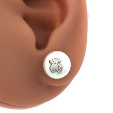 925 Sterling Silver Faux Pearl Teddy Bear Button Stud Earrings