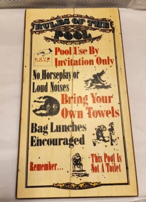 Vintage ''Rules Of The Pool'' Sign Plaque 16x9'', American Publishing Corp, Wooden 