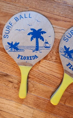  Vintage Surf BALL ERCO FLORIDA BEACH Wooden Beach Paddles Set Of 2 Pair - Picture 3 of 9